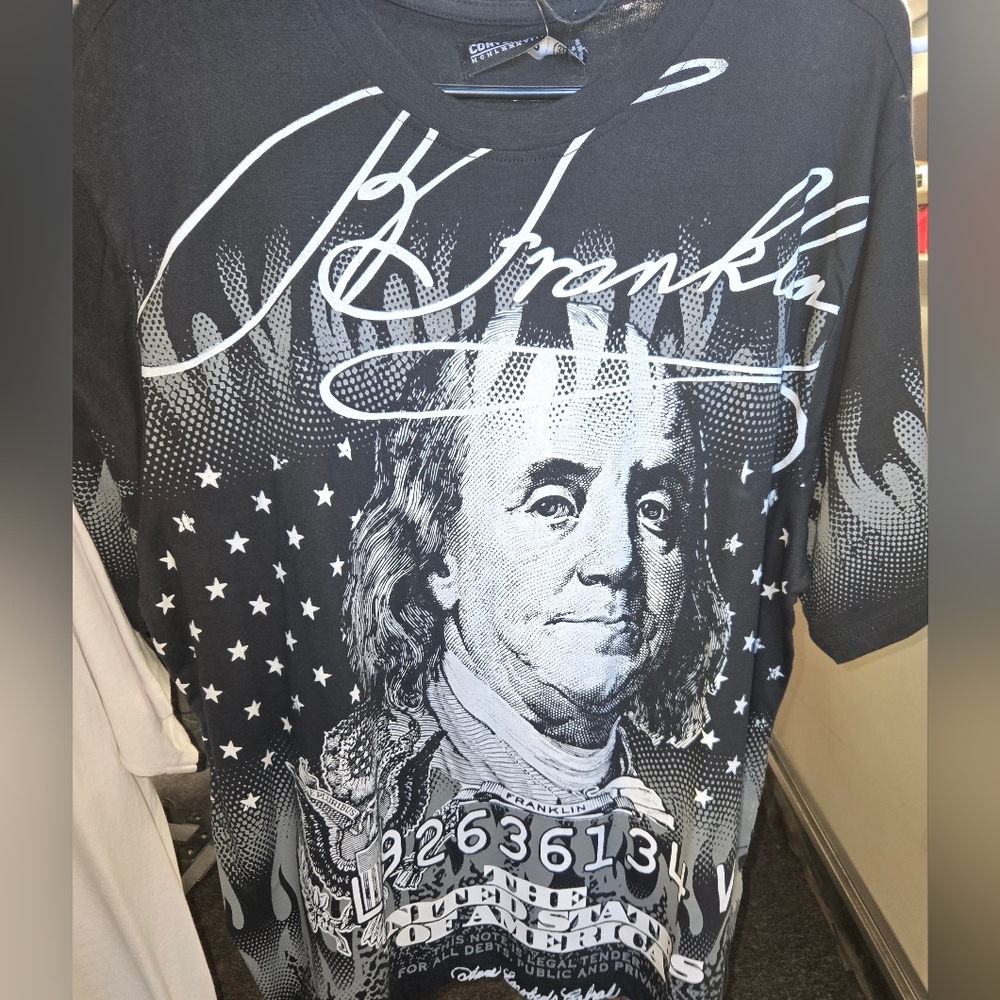 Black Graphic Tee with Benjamin Franklin Design